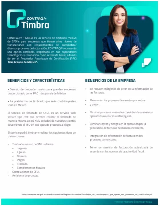 Portada de la ficha de producto de CONTPAQi Timbra