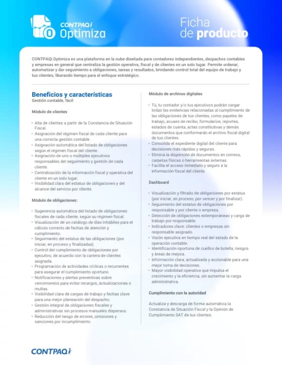 Portada de la ficha técnica de CONTPAQi Optimiza